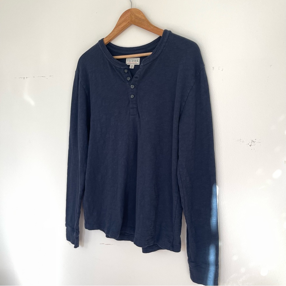 Tecovas Slub knit navy cotton henley button front pullover